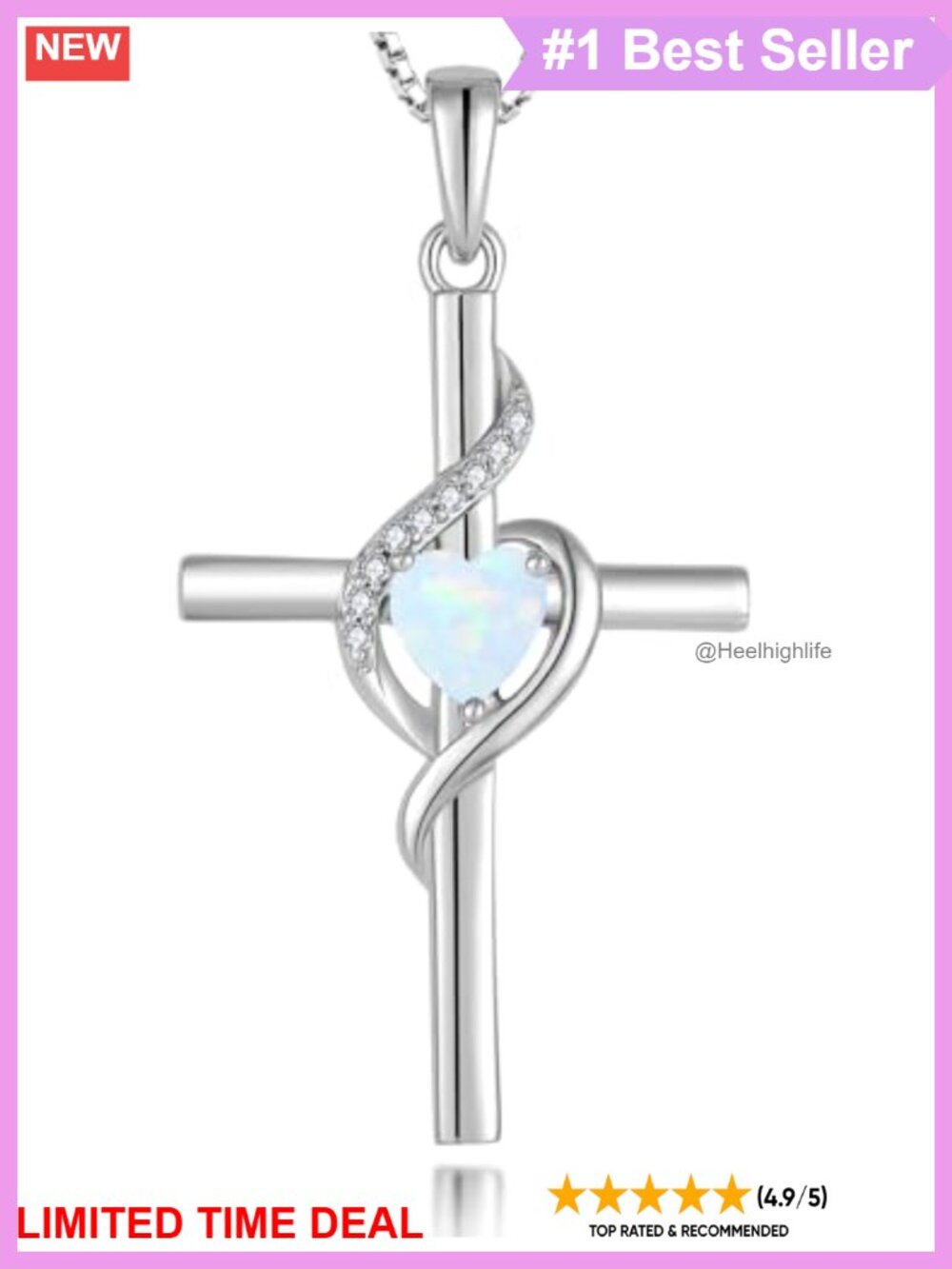 925 Sterling Silver Infinity Cross Necklace Heart White Opal Pendant